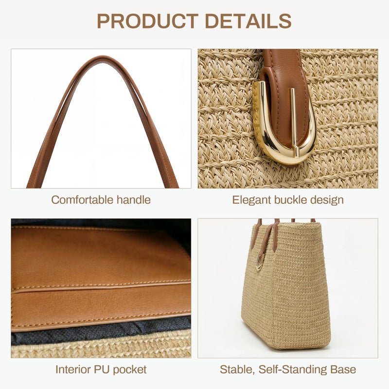 CHUNLI Straw Beach Bag for Women, Woven Raffia Summer Tote with Leather Handles, Boho Vacation Resort Shoulder Tote Bag - Image 5