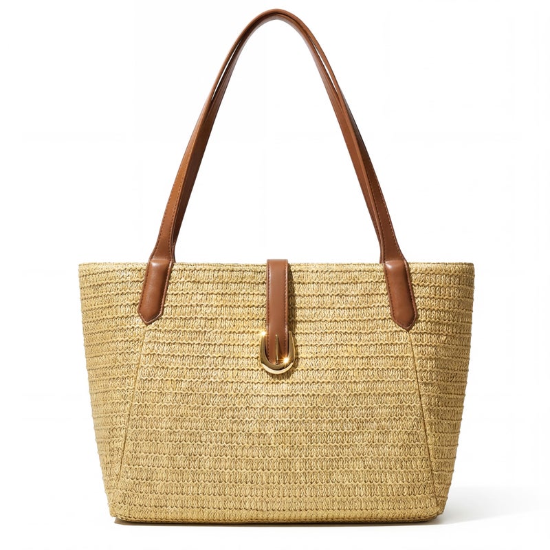 CHUNLI Straw Beach Bag for Women, Woven Raffia Summer Tote with Leather Handles, Boho Vacation Resort Shoulder Tote Bag - Image 1