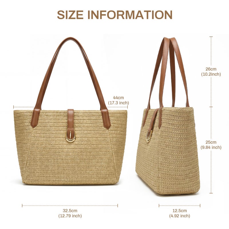 CHUNLI Straw Beach Bag for Women, Woven Raffia Summer Tote with Leather Handles, Boho Vacation Resort Shoulder Tote Bag - Image 3