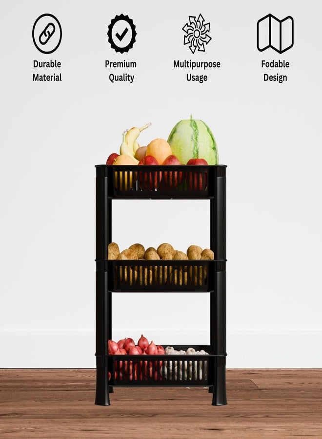 Morbrix 3 Layer Multipurpose Plastic Vegetable Basket Storage Rack for Kitchen, Home & Office – Stackable Organizer Shelf (Black Color) - Image 3