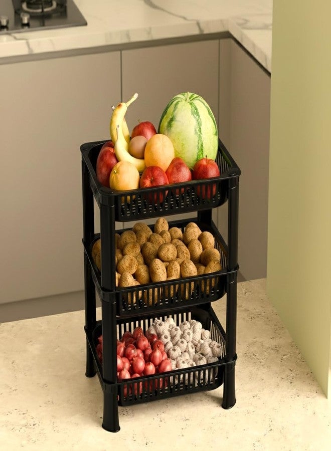 Morbrix 3 Layer Multipurpose Plastic Vegetable Basket Storage Rack for Kitchen, Home & Office – Stackable Organizer Shelf (Black Color) - Image 1