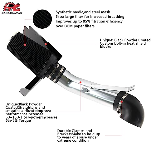 BAGARAATAN 4" Cold Air Intake System with Heat Shield for 1999-2006 Chevy/GMC V8 4.8L 5.3L 6.0L Silverado 1500/2500/3500 - High Flow Air Filter Kit, Improved Horsepower & Throttle Response（Silver） - Image 3