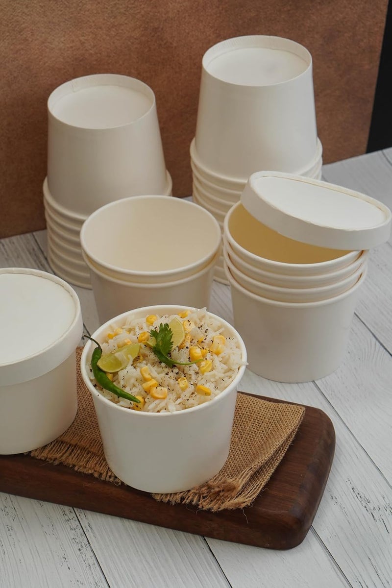 PARICOTT 500ml Paper Food Container BowlTub with LidPaper BowlPaper Container with Paper Lids Pack Of 100pcs White - Image 2