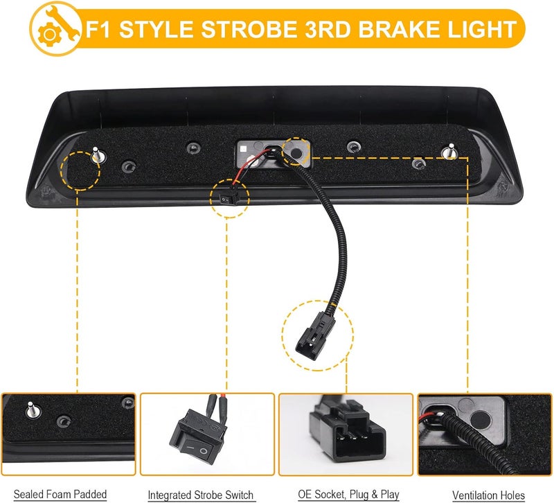 R&F Auto F1 Style Strobe LED Smoked Lens Third Brake Light for Tundra 2007-2021 - Image 5