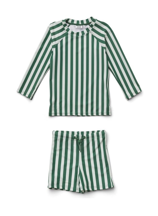 LDIOIF Toddler Boys Two Piece Swimsuit Rash Guard Set Long Sleeve Swim Shirt Trunks & Shorts Green Striped Bathing Suit 2-3T - Image 1