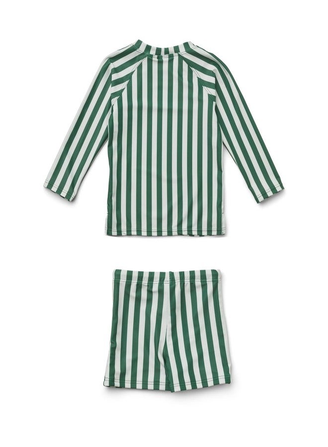LDIOIF Toddler Boys Two Piece Swimsuit Rash Guard Set Long Sleeve Swim Shirt Trunks & Shorts Green Striped Bathing Suit 2-3T - Image 4