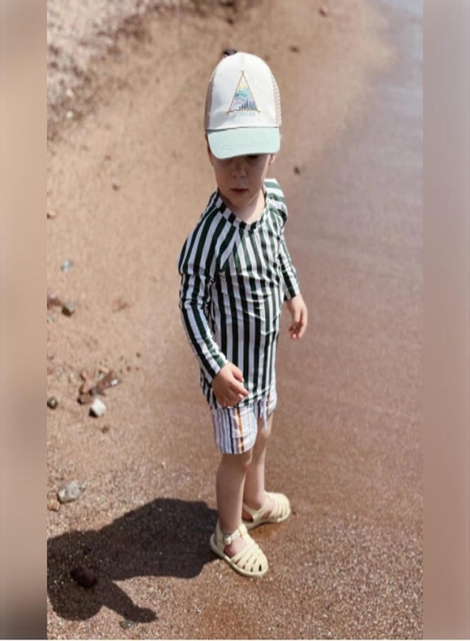LDIOIF Toddler Boys Two Piece Swimsuit Rash Guard Set Long Sleeve Swim Shirt Trunks & Shorts Green Striped Bathing Suit 2-3T - Image 3