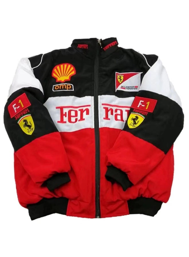 F1 Ferrari   Racing Jacket - Shell/UPS Sponsor Badges, Color Block, Embroidered Logo, Full-Zip Design, Unisex Motorsport Streetwear  Coat - Image 1