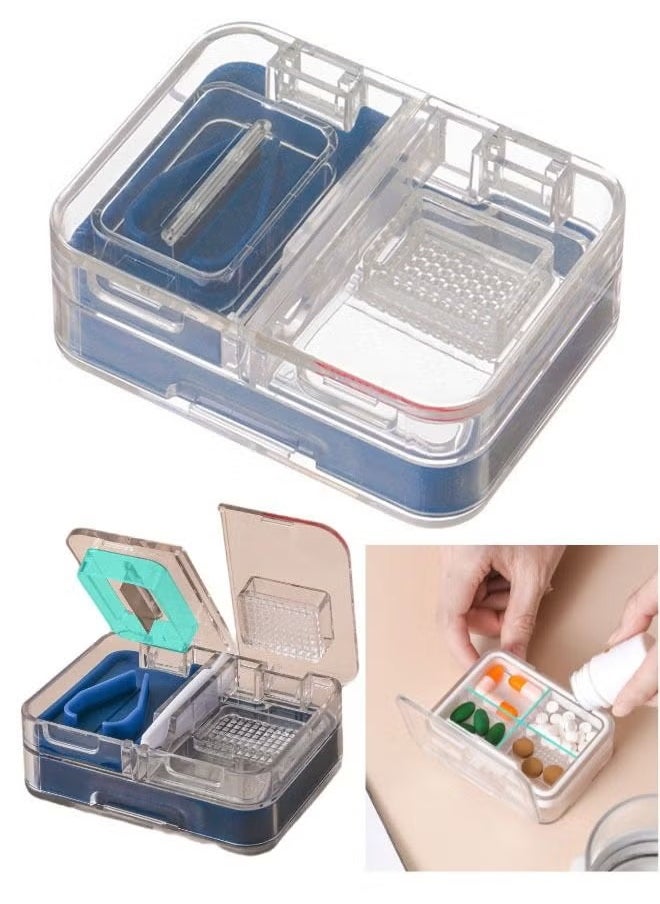 Generic 3-in-1 Pill Organizer Convenient Medicine Cutting and Dispensing Device Grinder With Four Dispensing Boxes Sealed Moisture-proof Blue 8.4×6.3×3CM  - Image 1