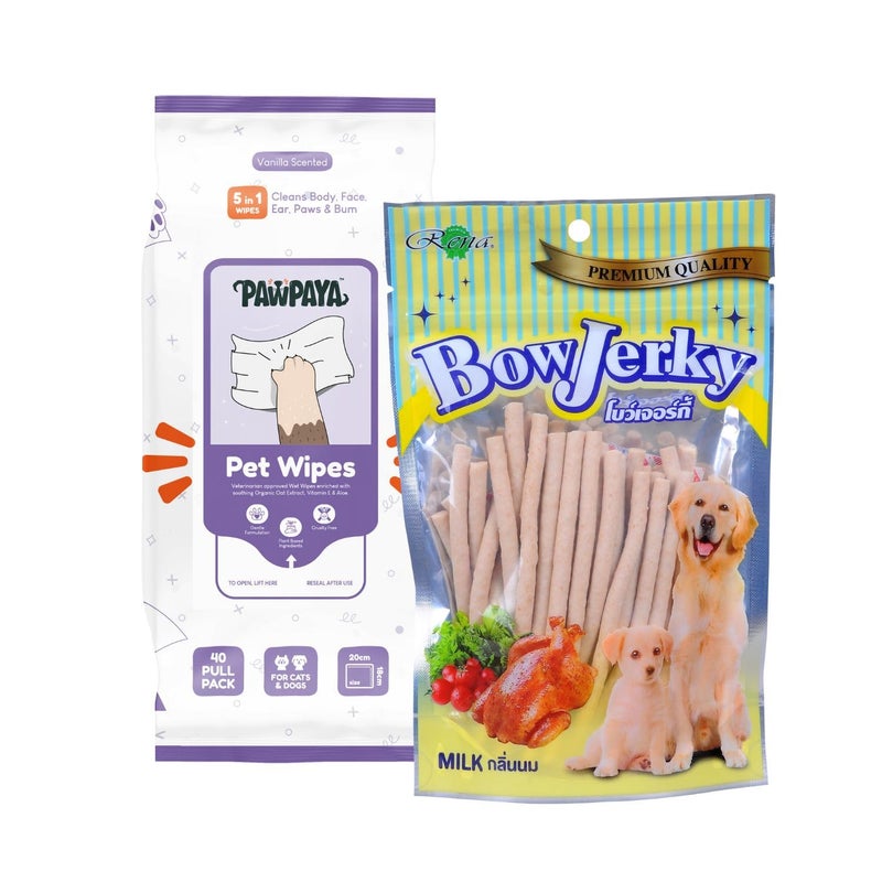 Rena Combo of Pawpaya 5 in 1 Multipurpose 40 Pull Pack Plant-Based Pet Cleaning Wipes and Bow Jerky Chicken and Milk Dog Treat 100% Pure Cage-Free Chicken Perfect Calcium Rich Training Reward - Image 1