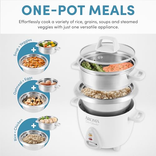Aroma Housewares 6-Cup (Cooked yield ) / 1.2Qt. Select Stainless Pot-Style Rice Cooker, & Food Steamer, One-Touch Operation, White - Image 2