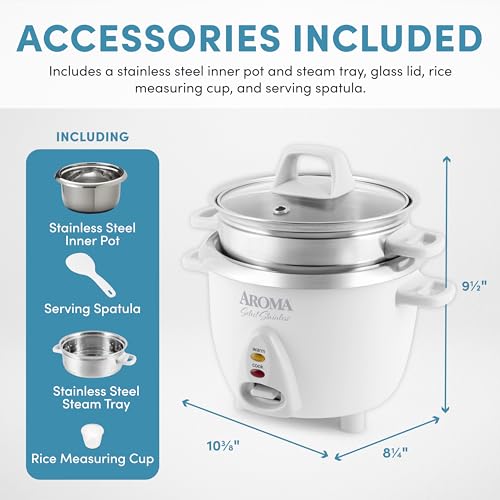 Aroma Housewares 6-Cup (Cooked yield ) / 1.2Qt. Select Stainless Pot-Style Rice Cooker, & Food Steamer, One-Touch Operation, White - Image 4