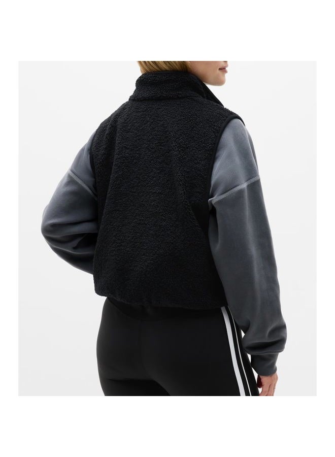 Songling Womens Fuzzy Fleece Vest High Neck Cropped Half Zip Up Warm Sherpa Vest Drawstring Pullover with Pockets, Black, S - Image 2