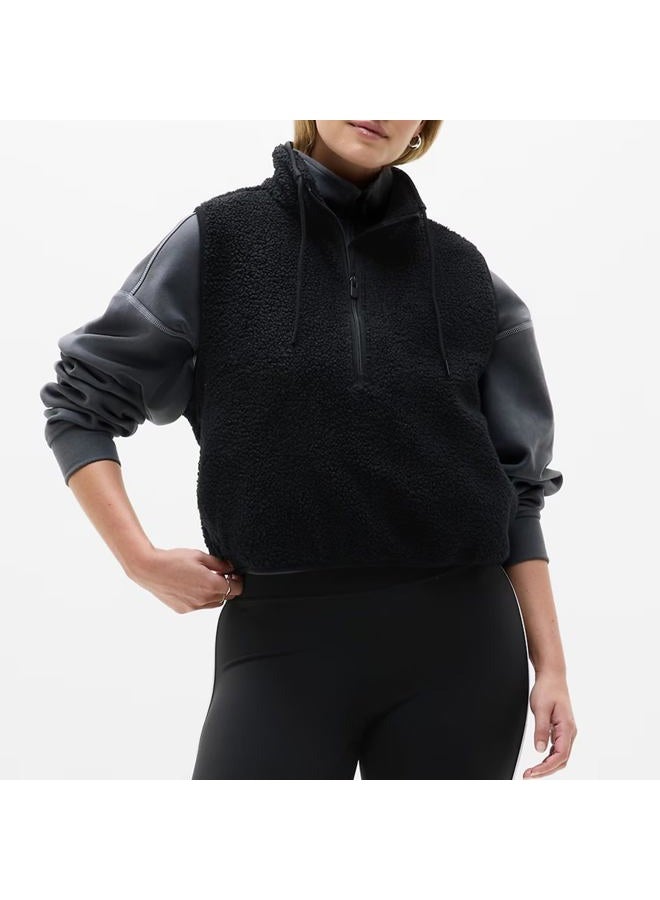 Songling Womens Fuzzy Fleece Vest High Neck Cropped Half Zip Up Warm Sherpa Vest Drawstring Pullover with Pockets, Black, S - Image 5