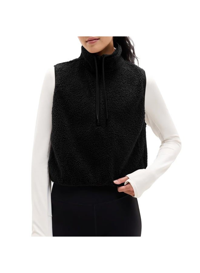 Songling Womens Fuzzy Fleece Vest High Neck Cropped Half Zip Up Warm Sherpa Vest Drawstring Pullover with Pockets, Black, S - Image 1