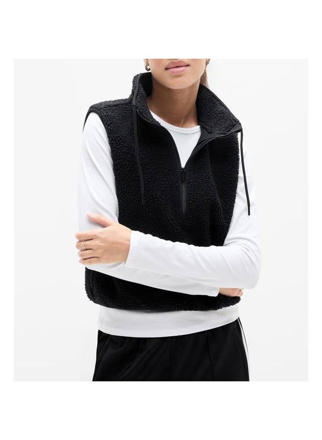Songling Womens Fuzzy Fleece Vest High Neck Cropped Half Zip Up Warm Sherpa Vest Drawstring Pullover with Pockets, Black, S - Image 4