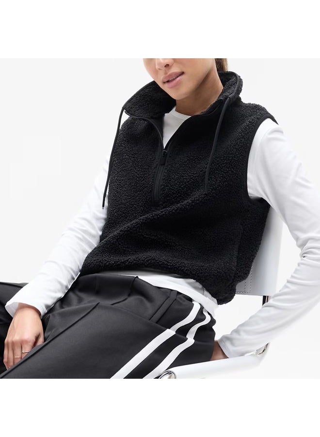 Songling Womens Fuzzy Fleece Vest High Neck Cropped Half Zip Up Warm Sherpa Vest Drawstring Pullover with Pockets, Black, S - Image 3