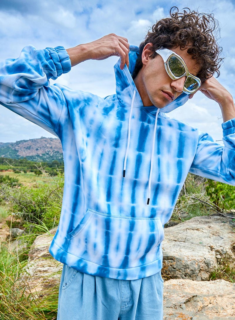 Campus Sutra Men's White & Blue Tie Dye Oversized Hoodie With Kangaroo Pocket  - Image 1