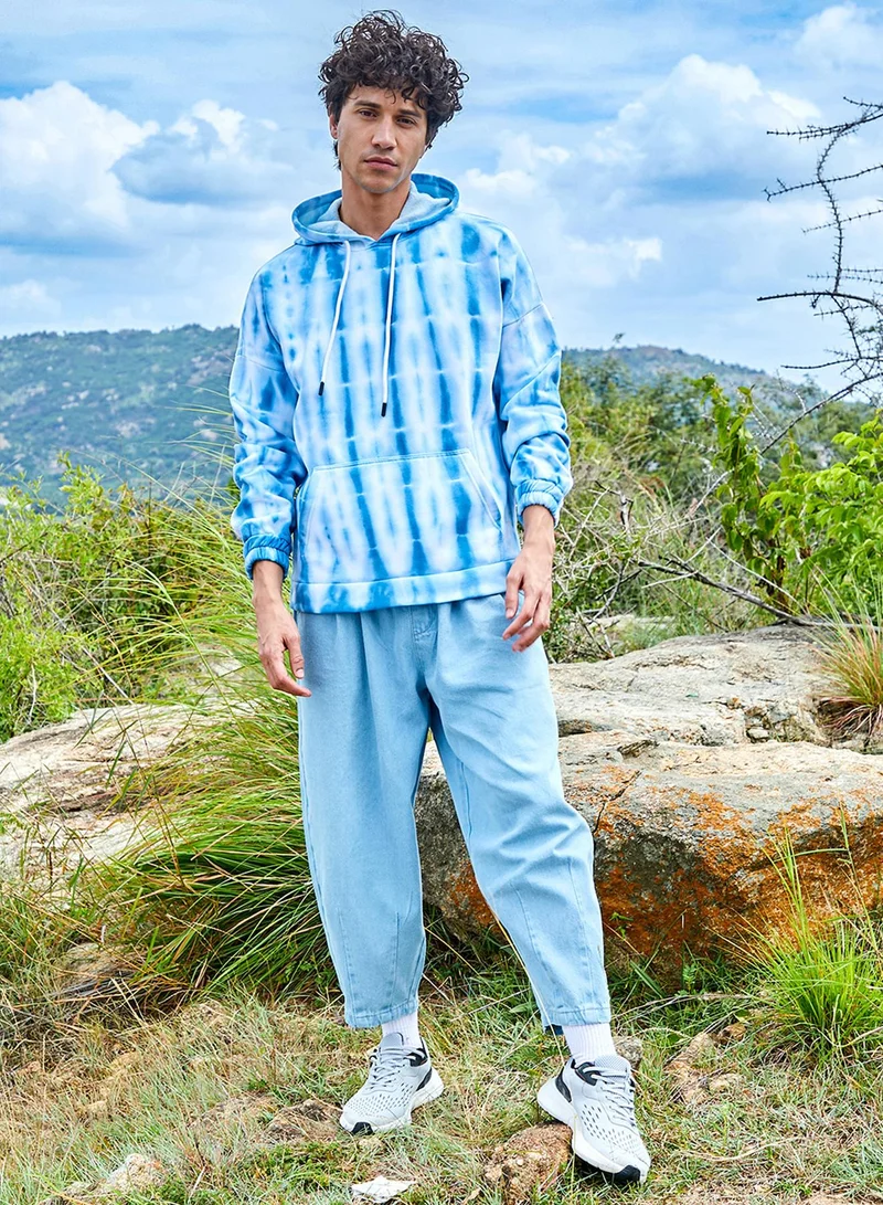 Campus Sutra Men's White & Blue Tie Dye Oversized Hoodie With Kangaroo Pocket