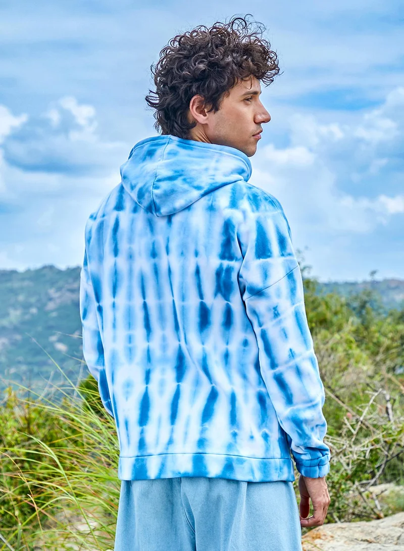 Campus Sutra Men's White & Blue Tie Dye Oversized Hoodie With Kangaroo Pocket