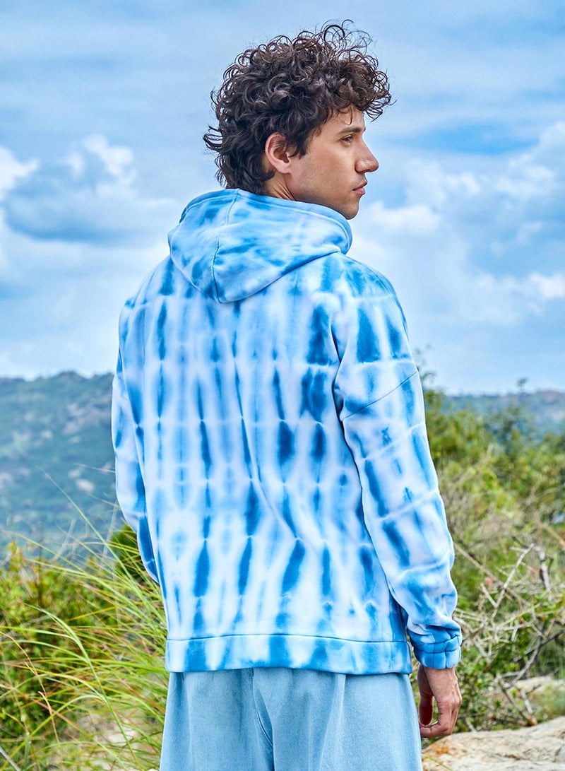 Campus Sutra Men's White & Blue Tie Dye Oversized Hoodie With Kangaroo Pocket  - Image 5