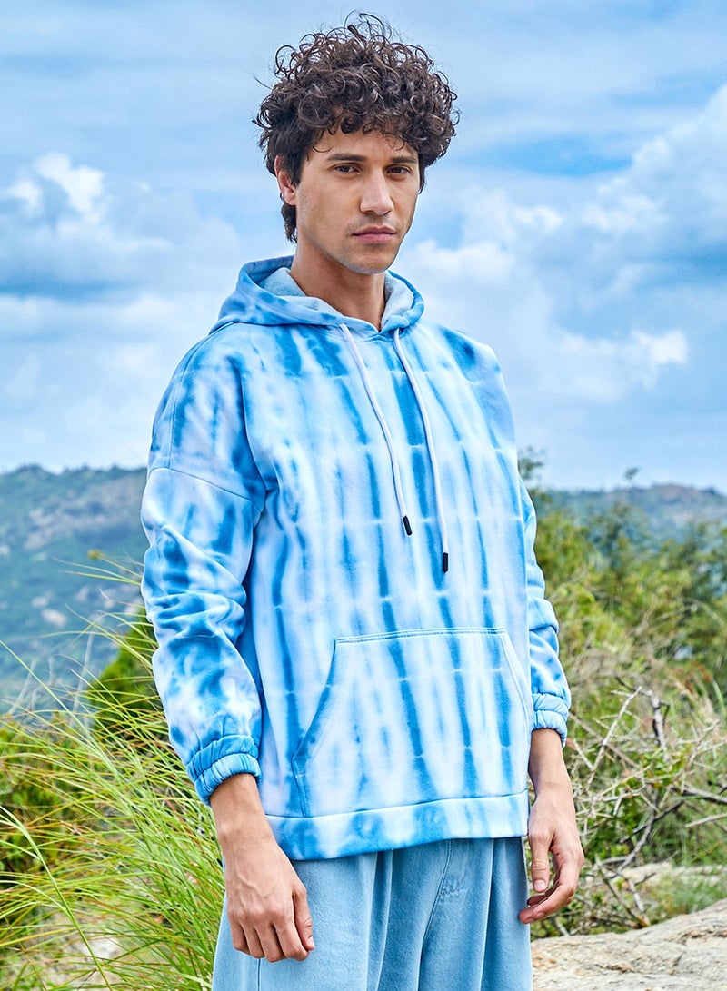 Campus Sutra Men's White & Blue Tie Dye Oversized Hoodie With Kangaroo Pocket  - Image 3