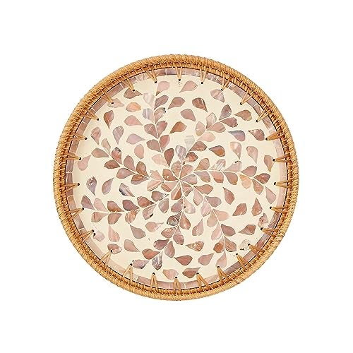 Kmelep Round Rattan Tray with Mother of Pearl Inlay, Rattan Serving Tray with Wooden Base, Decorative Wicker Basket for Table Decor, Storage and Display of Coffee Bread Food Fruit (Wicker) - Image 1