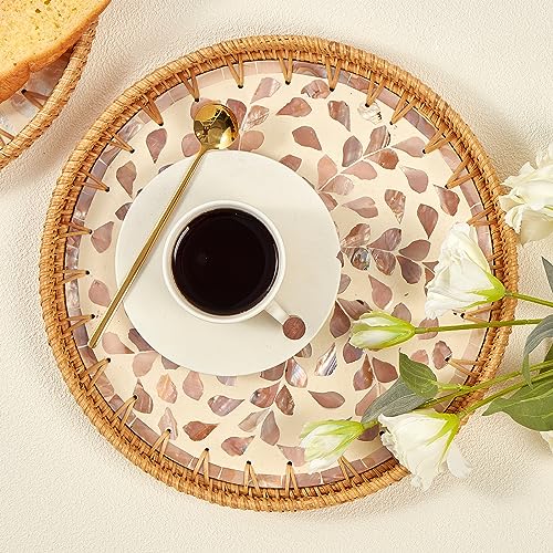 Kmelep Round Rattan Tray with Mother of Pearl Inlay, Rattan Serving Tray with Wooden Base, Decorative Wicker Basket for Table Decor, Storage and Display of Coffee Bread Food Fruit (Wicker) - Image 2