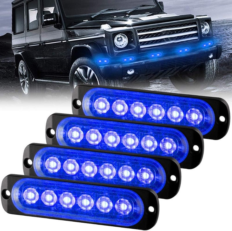 Sidaqi Universal 12-24V Emergency Strobe Warning Lights 6 LED 12W Surface Mount Beacon Hazard Warning Lights Flashing Light Bar for Off Road Vehicle, ATVs, Truck- 4PCS (Blue) - Image 1