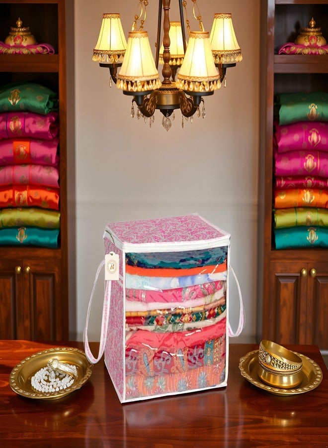 SHAPING FABRIC Pink Floral Fabric Saree Storage Bag with Transparent Front & Zipper Closure – Pack of 01 SNW-433 - Image 1