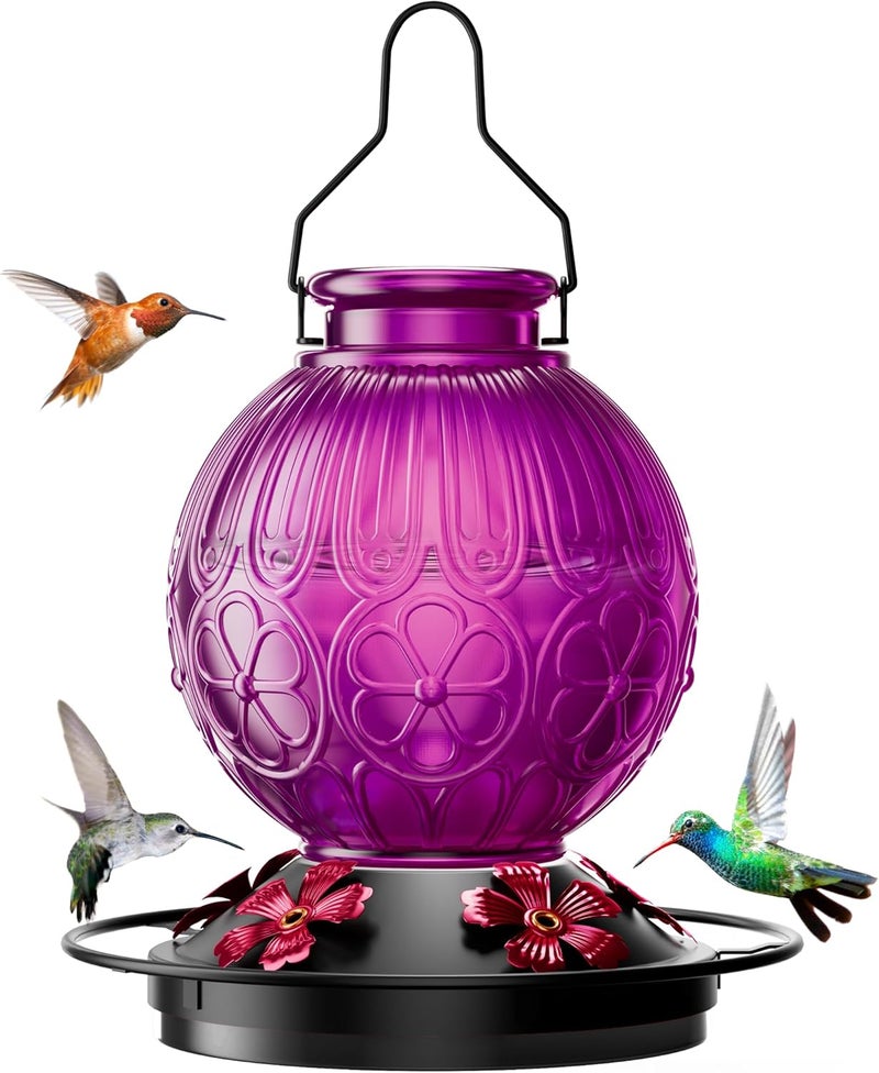 علف الطيور من نوع “Hummingbird” بسعة 26 أونصة للاستخدام في الهواء الطلق، علف طيور من الزجاج العتيق مزود بمكان للجلوس للطيور، متين وسهل التنظيف، علف معلق للرحيق مناسب للحدائق والأراضي الخلفية والتراسات – هدية لعشاق الطيور (لون بنفسجي فاتح) - Image 1