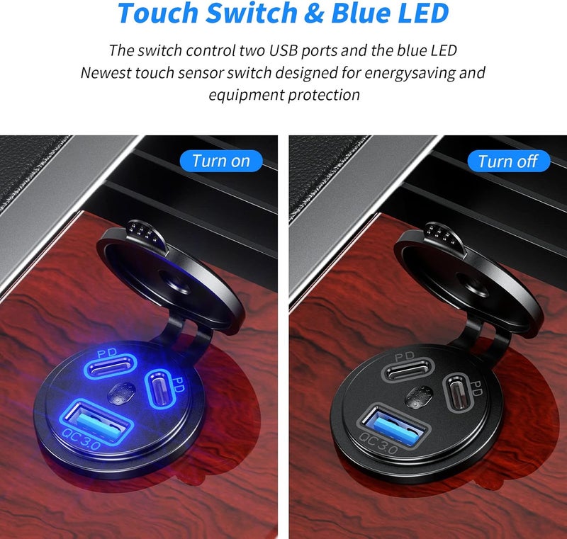 Kewig 2 Pack 12V USB Outlet Wired Charger Multi Port, Dual PD3.0 & QC 3.0 Multiple Port for Car, USB Socket with Power Switch, Fast Charger for Tablet, Suitable for Car Boat RV Marine ATV - Image 3