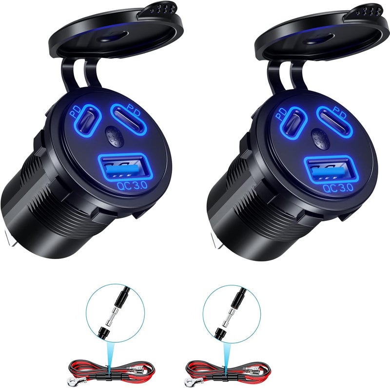 Kewig 2 Pack 12V USB Outlet Wired Charger Multi Port, Dual PD3.0 & QC 3.0 Multiple Port for Car, USB Socket with Power Switch, Fast Charger for Tablet, Suitable for Car Boat RV Marine ATV - Image 1