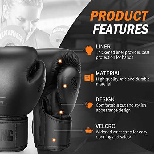 FIVING Boxing Gloves for Men and Women Suitable for Boxing Kickboxing Mixed Martial Arts Muay Thai MMA Heavy Bag Fighting Training (Black, 12oz) - Image 2