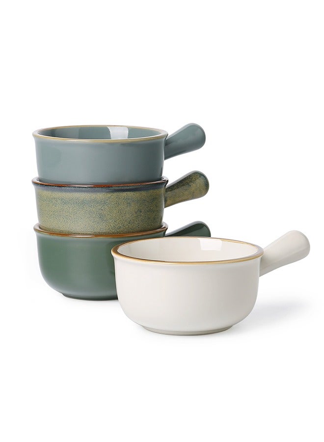 MONITO 4 Piece Set French Onion Soup Ceramic Bowls, 16oz, Stackable with Handles, Oven Microwave and Dishwasher safe, for Cereal, Soups, Casseroles - Multicolor  - Image 1