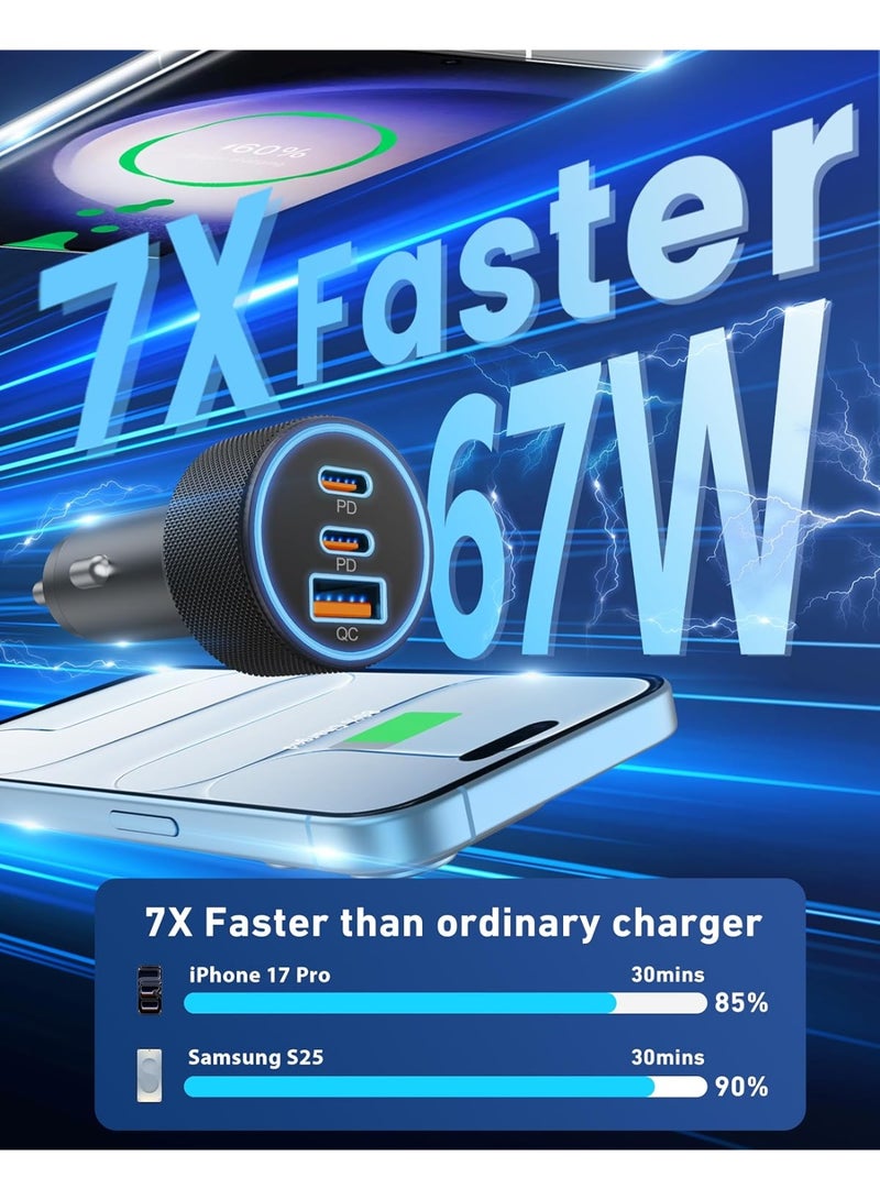 TUNKE USB C Car Charger, 3-Port 67W Dual USB-C & USB-A Car Power Adapter PD/QC Fast Charging Cigarette Lighter for iPhone 17/16/15/14/13/12/11 Pro Max, iPad, Samsung Galaxy S25 S24/S23/S22, Pixel, Android - Image 2