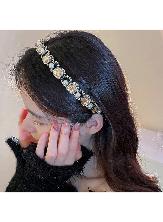 Wiwpar Rhinestone Padded Headband Baroque Crystal Pearl Beaded Headbands Elastic Hairbands For Women Girls Bar Party Prom Hair Jewelry Accessories (Lotus Color)  - Image 1