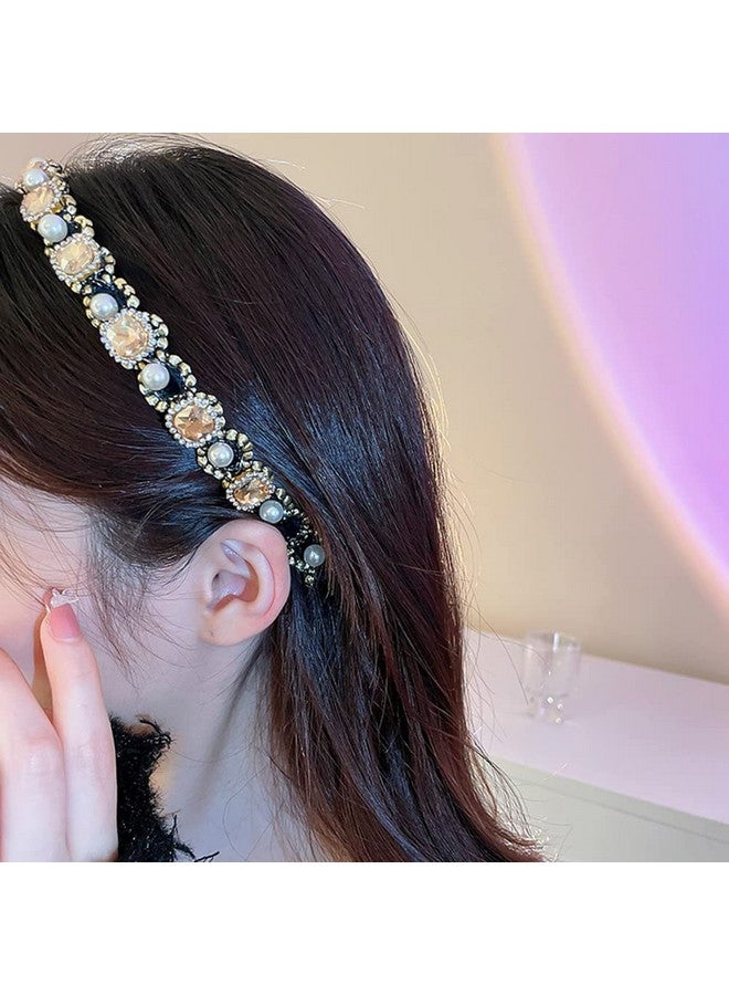 Wiwpar Rhinestone Padded Headband Baroque Crystal Pearl Beaded Headbands Elastic Hairbands For Women Girls Bar Party Prom Hair Jewelry Accessories (Lotus Color)  - Image 2
