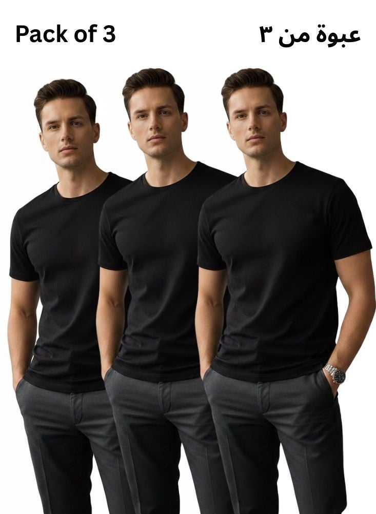 Premium Men’s Black Round Neck T-Shirt – Pack of 3 Cotton Basic Slim Fit Casual Tees - Image 1