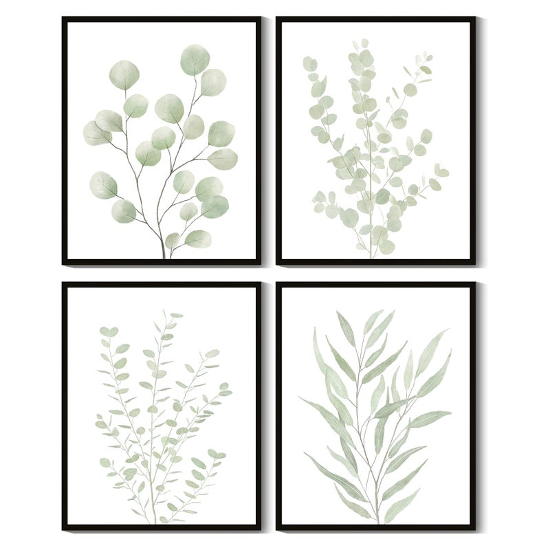 Drsoum Botanical Plant Framed Wall Art Boho Wall Decor for Bathroom Sage Green Eucalyptus Leaf Prints Minimalist Aesthetic Ready to Hang Set of 4, 8x10 in (Black Framed) - Image 1