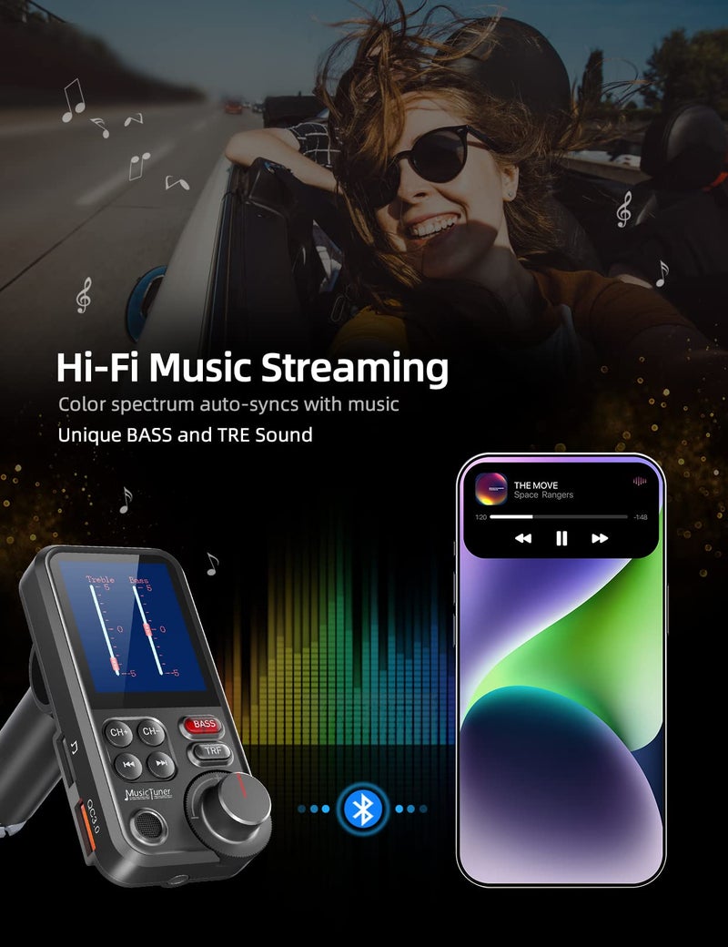 Nulaxy Bluetooth Car Adapter 1.8" Color Screen Strong Mic, QC3.0 Fast Charger Wireless FM Radio Transmitter with Treble & Bass Sound Music Player, Hands-Free Calls, Supports AUX/TF Card/USB Drive - Image 4