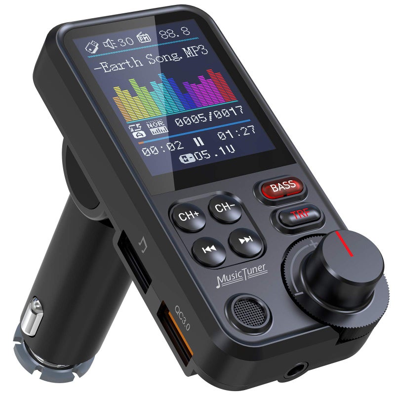 Nulaxy Bluetooth Car Adapter 1.8" Color Screen Strong Mic, QC3.0 Fast Charger Wireless FM Radio Transmitter with Treble & Bass Sound Music Player, Hands-Free Calls, Supports AUX/TF Card/USB Drive - Image 1