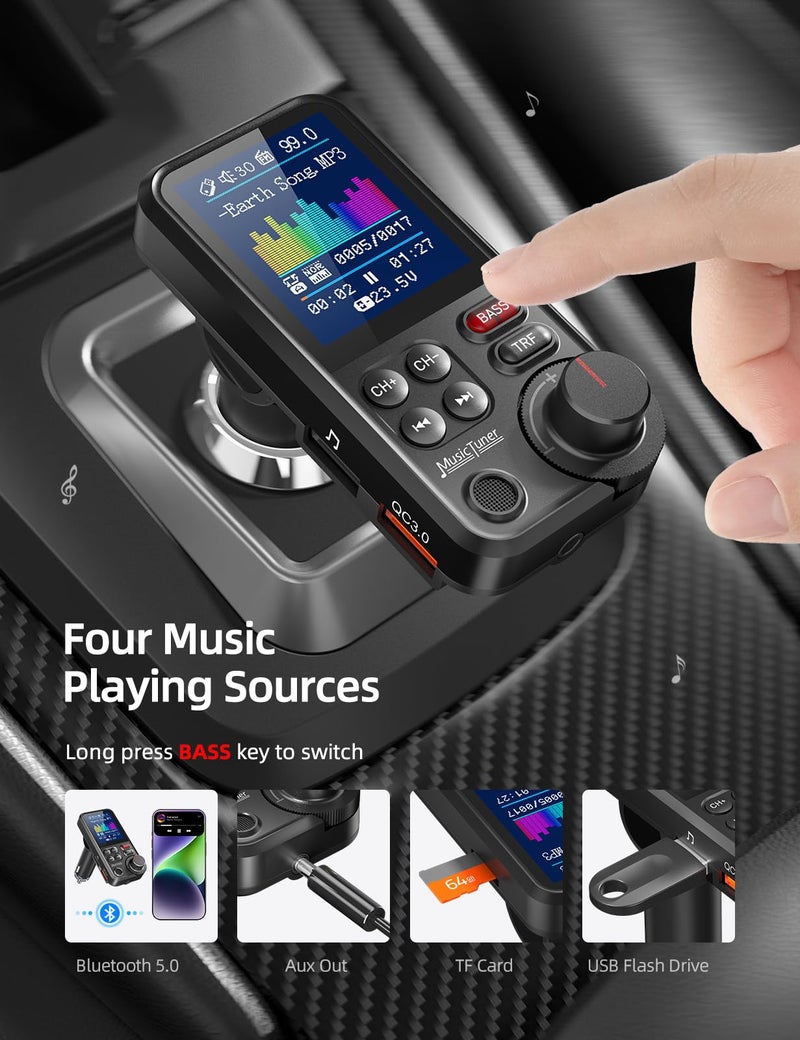 Nulaxy Bluetooth Car Adapter 1.8" Color Screen Strong Mic, QC3.0 Fast Charger Wireless FM Radio Transmitter with Treble & Bass Sound Music Player, Hands-Free Calls, Supports AUX/TF Card/USB Drive - Image 5