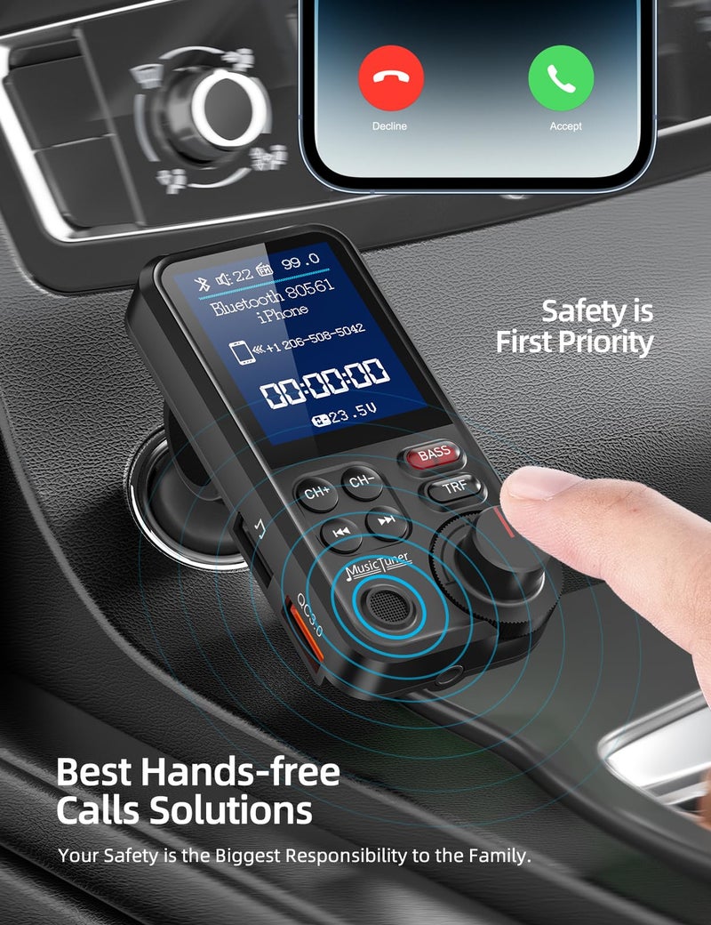 Nulaxy Bluetooth Car Adapter 1.8" Color Screen Strong Mic, QC3.0 Fast Charger Wireless FM Radio Transmitter with Treble & Bass Sound Music Player, Hands-Free Calls, Supports AUX/TF Card/USB Drive - Image 2