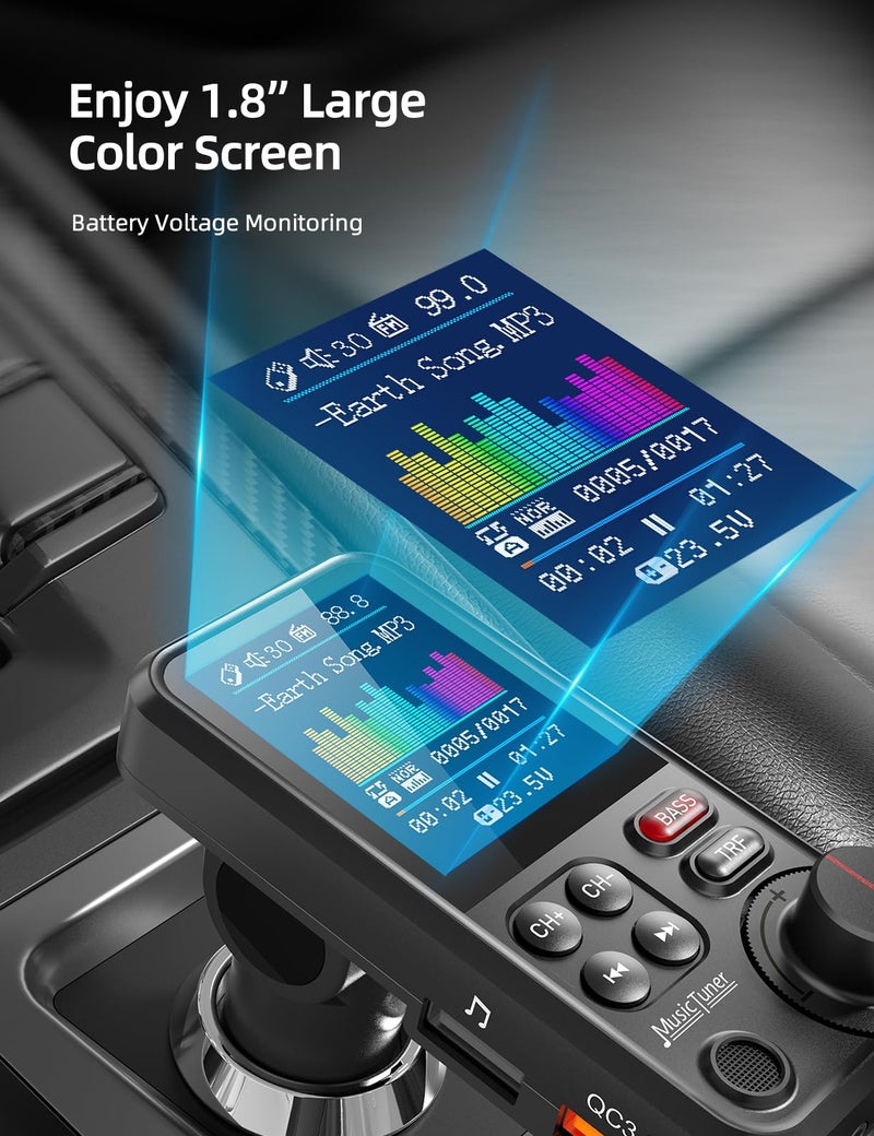 Nulaxy Bluetooth Car Adapter 1.8" Color Screen Strong Mic, QC3.0 Fast Charger Wireless FM Radio Transmitter with Treble & Bass Sound Music Player, Hands-Free Calls, Supports AUX/TF Card/USB Drive - Image 3