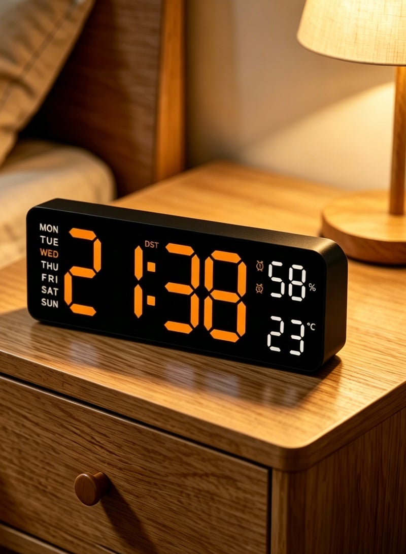 Yakiter Digital 9 LED Alarm Clock with Temperature Humidity Auto-Dimming Snooze 12/24H for Bedroom Bedside Desk Table Home Office Kids Elderly Deep Sleepers Black Orange - Image 1