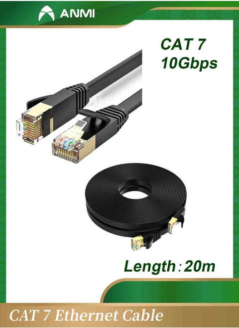 20m Cat 7 Ethernet Cable, High Speed Gigabit Flat Lan Network Cable, with RJ45 Gold Plated Connector, 10Gbps 600Mhz Shielded Internet Patch Cord for Switch, Router, Modem