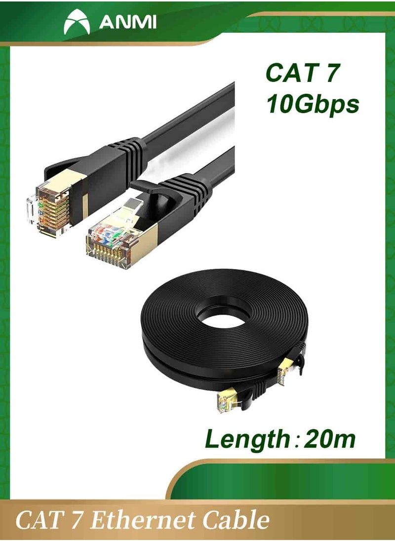 20m Cat 7 Ethernet Cable, High Speed Gigabit Flat Lan Network Cable, with RJ45 Gold Plated Connector, 10Gbps 600Mhz Shielded Internet Patch Cord for Switch, Router, Modem