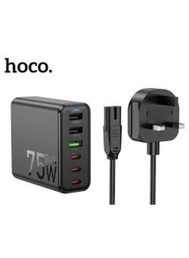 هوكو. شاحن C133B GaN عالي الطاقة، 75 واط، سريع، 6 منافذ | 3 منافذ USB-A + 3 منافذ USB-C | توازن ذكي | قابس المملكة المتحدة | كابل بطول 1.5 متر | ضمان لمدة عام - Image 2