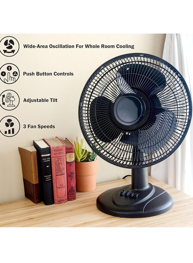 VUCATIN Oscillating Table Fan with Adjustable Tilt Convenient Push Button Controls Quiet 12 inch 3 Speed Desk Fan Airflow 15.75 ft/sec Ideal for Home Bedroom Dorm & Office (Black)  - Image 1